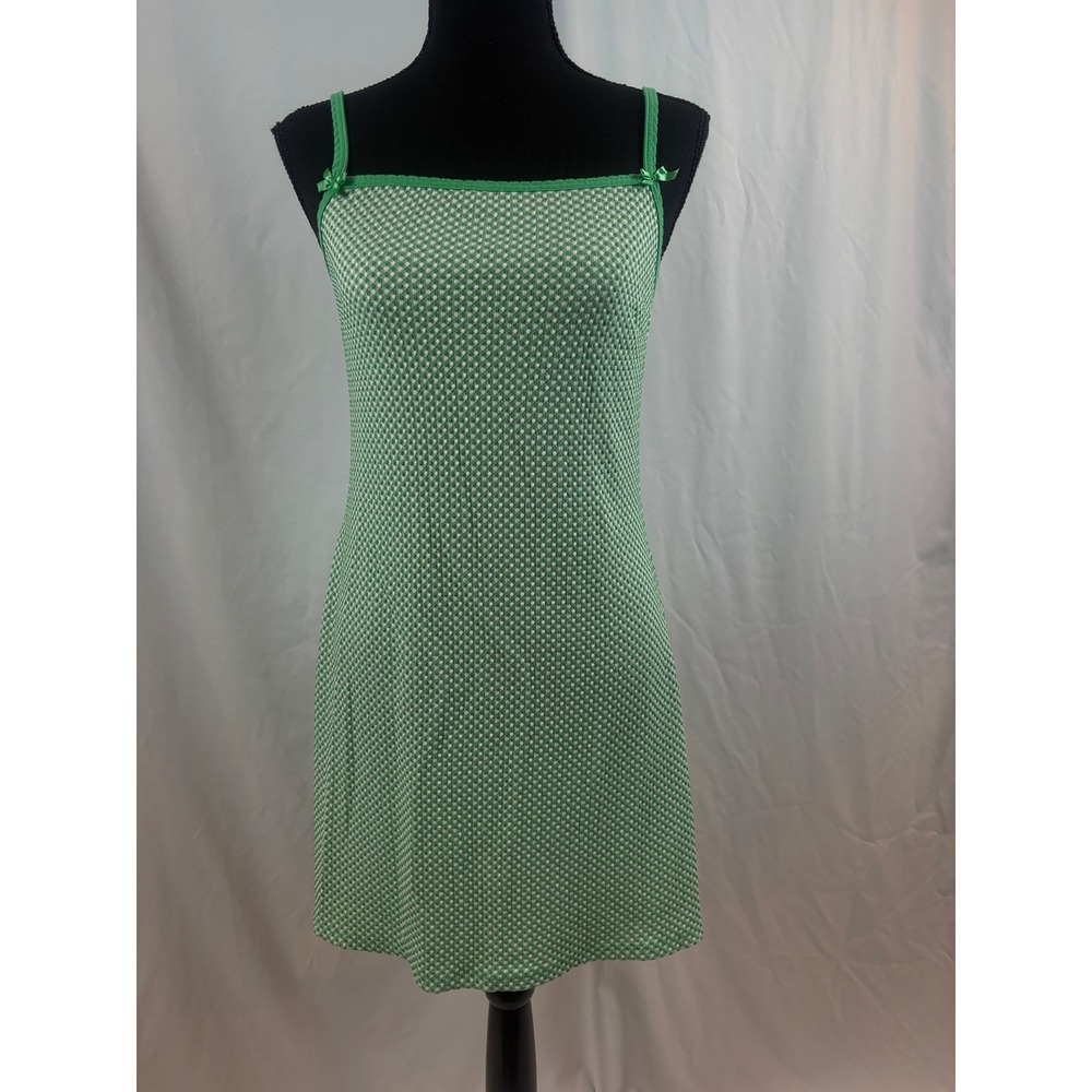 Green White Dotted Mini Dress Adjustable Bow Spaghetti Straps Stretch Knit